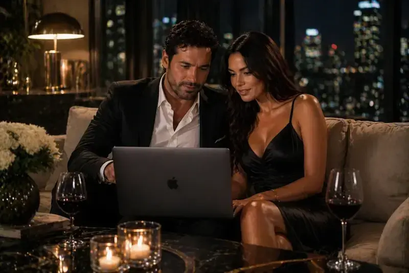 A couple exploring options for an escort for couples on a laptop