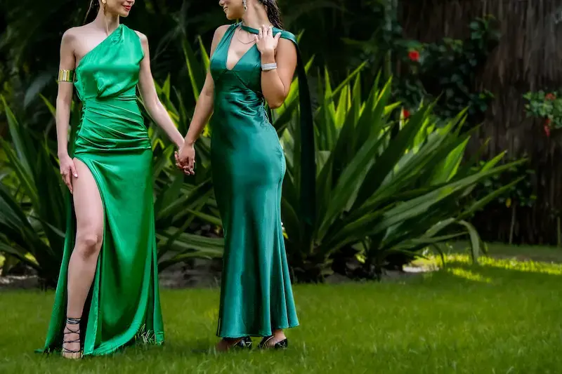 Exclusive escorts in Ireland in elegant green evening gowns, Top Companions